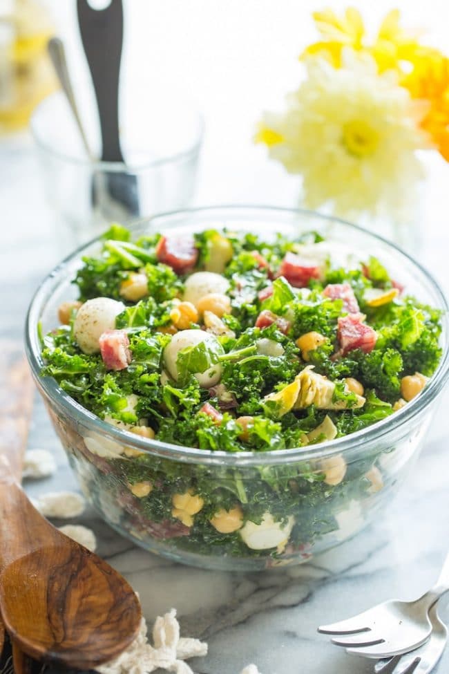 Chickpea Kale Antipasto Salad in a salad bowl