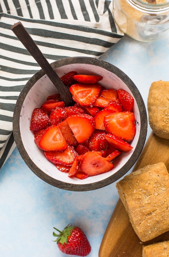 Gluten Free Vegan Strawberry Shortcake: sliced strawberries macerating 