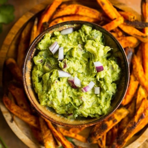 Homemade Guacamole Recipe with sweet potato fries