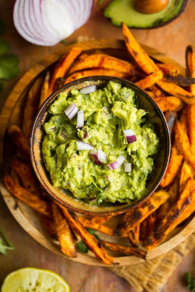 Homemade Guacamole Recipe with sweet potato fries