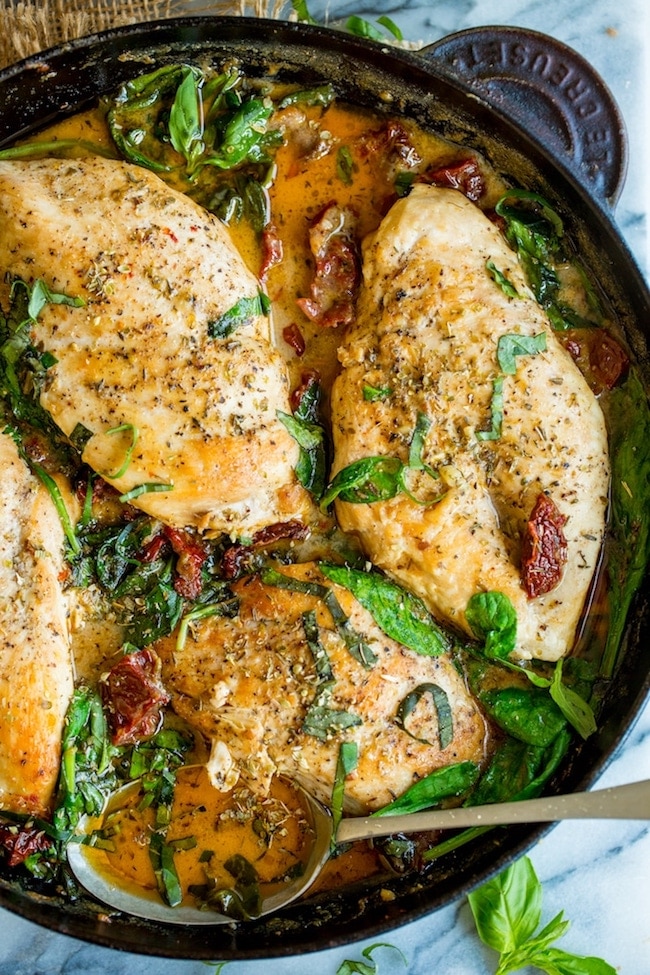  close up on Paleo Sun Dried Tomato Chicken in a skillet topped with chopped basil and oregano