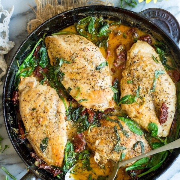 Paleo Sun Dried Tomato Chicken in a skillet topped with chopped basil and oregano