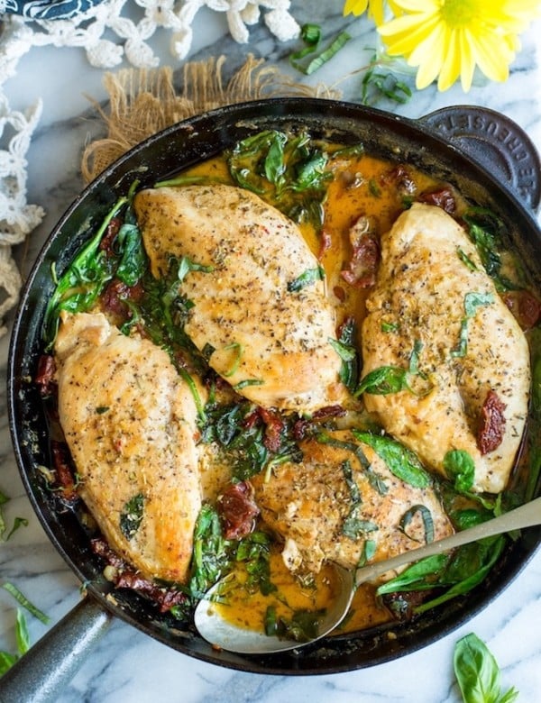 Paleo Sun Dried Tomato Chicken in a skillet topped with chopped basil and oregano