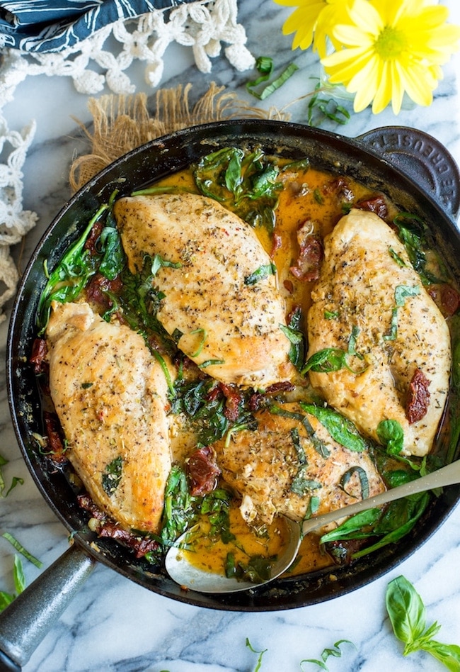 Paleo Sun Dried Tomato Chicken in a skillet topped with chopped basil and oregano