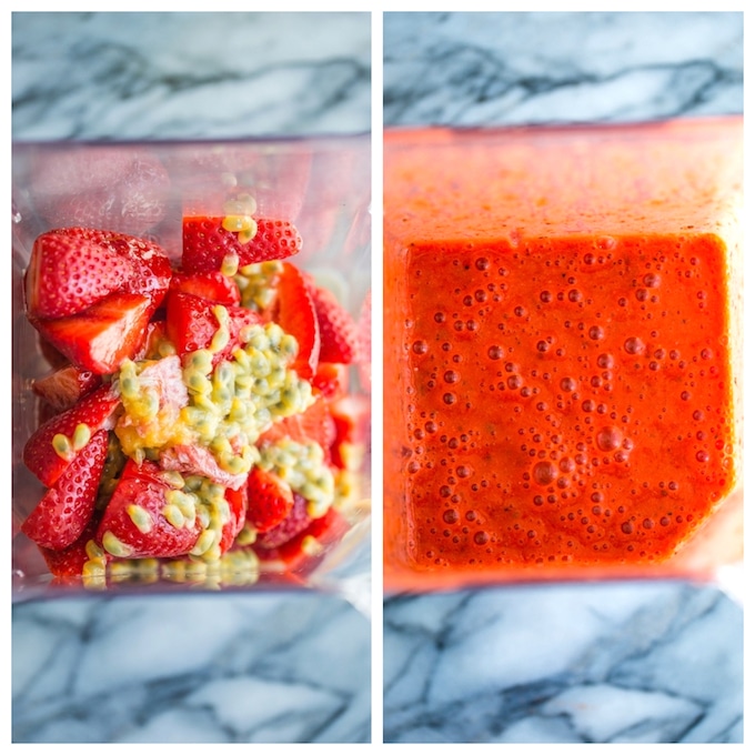 Strawberry Granita with Passion Fruit before and after blending: strawberries & Passion fruit pulp in blender on left and puree on the right