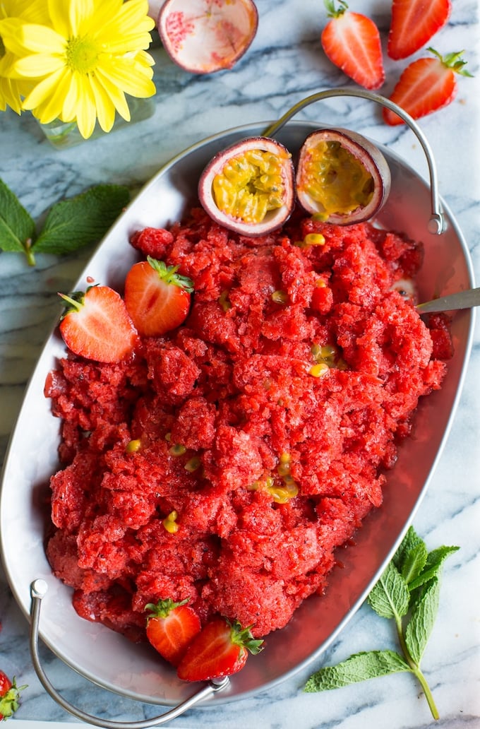 Strawberry Granita with Passion Fruit topped with fresh passion fruit pulp and berries