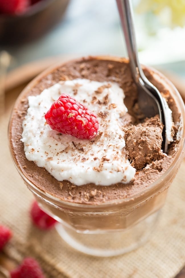 Aquafaba Chocolate Mousse up close with spoonfuls of mousse