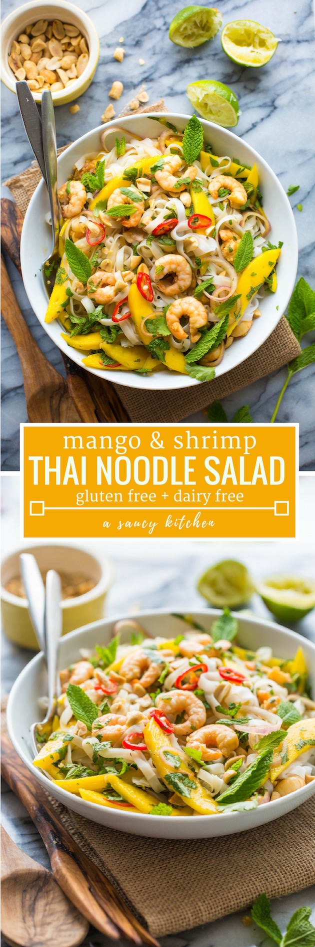 Fresh and flavourful Mango & Shrimp Thai Noodle Salad - bold & punchy flavours mixed together in a rice noodle salad with fresh herbs - easy to make and ready in under 20 minutes! #GlutenFree + #DairyFree #ricenoodles #mango #summersalad #shrimpsalad #healthyrecipe #shrimp