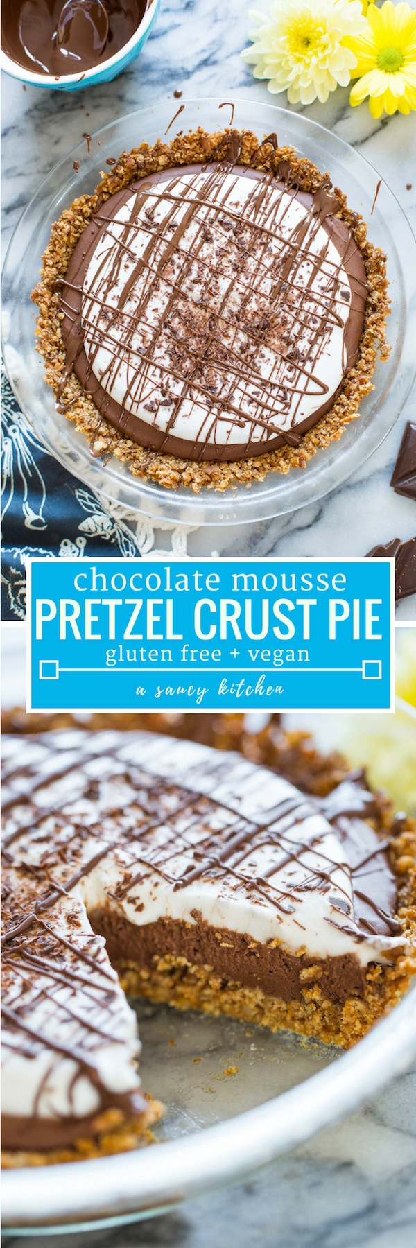Chocolate Mousse Pretzel Crust Pie - sweet, salty, creamy and rich! Light and decadent 3 ingredient aquafaba chocolate mousse over an easy 2 ingredient pretzel crust. | #GlutenFree + #Vegan #chocolate #mousse #aquafaba #pretzel #summerrecipe