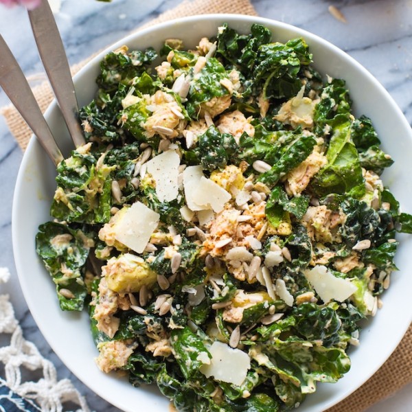 Salmon Kale Caesar Salad in a serving bowl