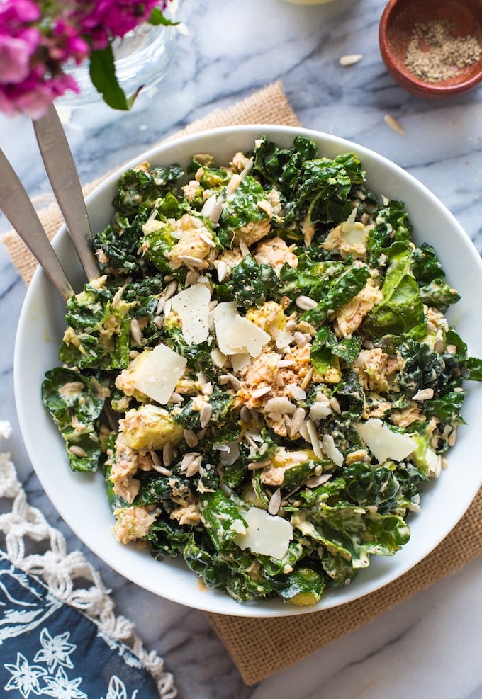 Salmon Kale Caesar Salad in a serving bowl