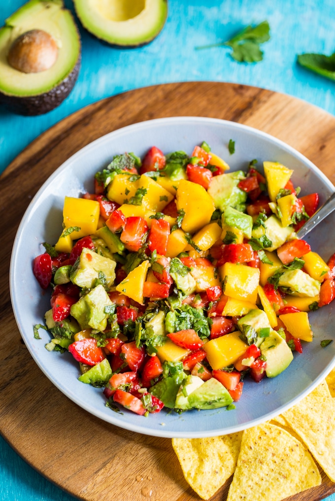 Avocado Strawberry Mango Salsa in a serving bowl up close