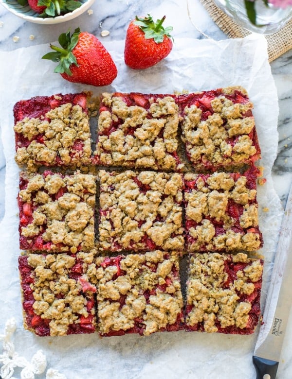 Strawberry Crumb Bars cut into squares