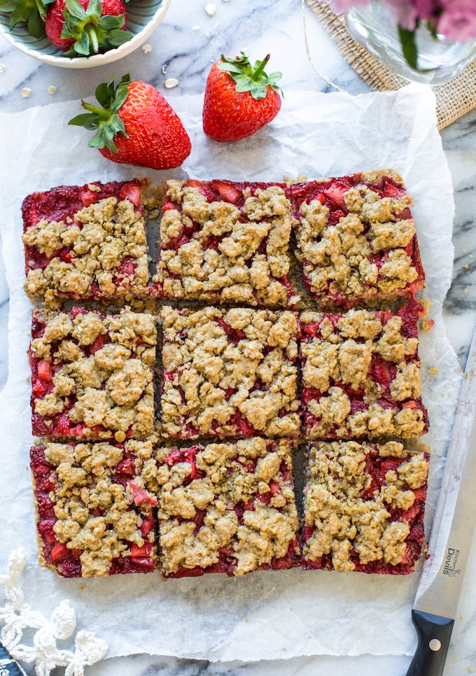 nine Strawberry Crumb Bars cut into squares