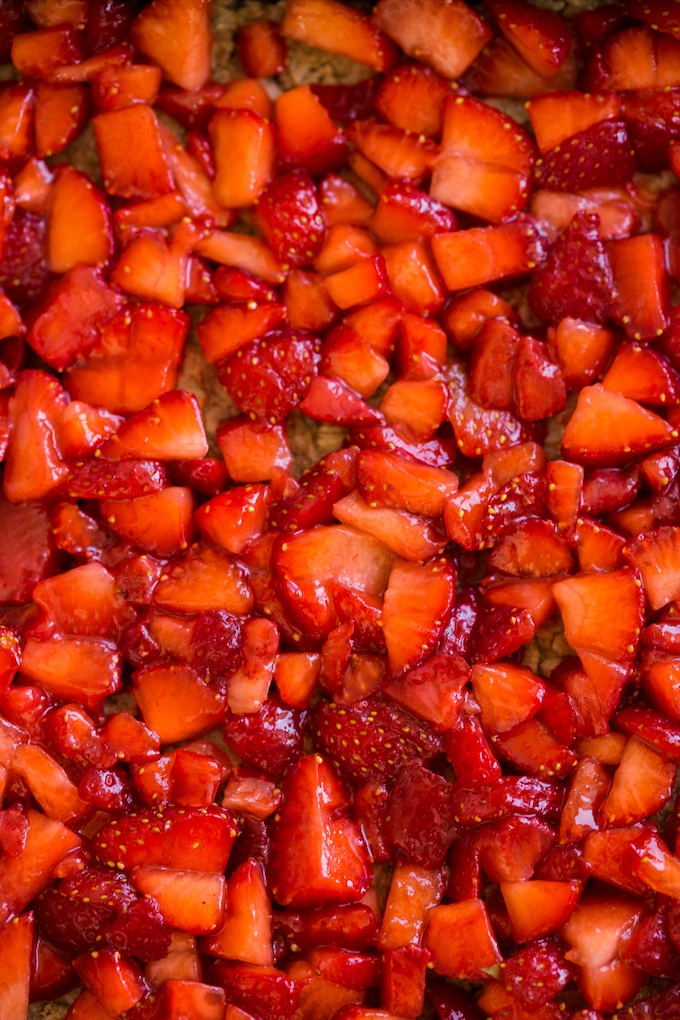 Strawberry Crumb Bars - chopped strawberries up close