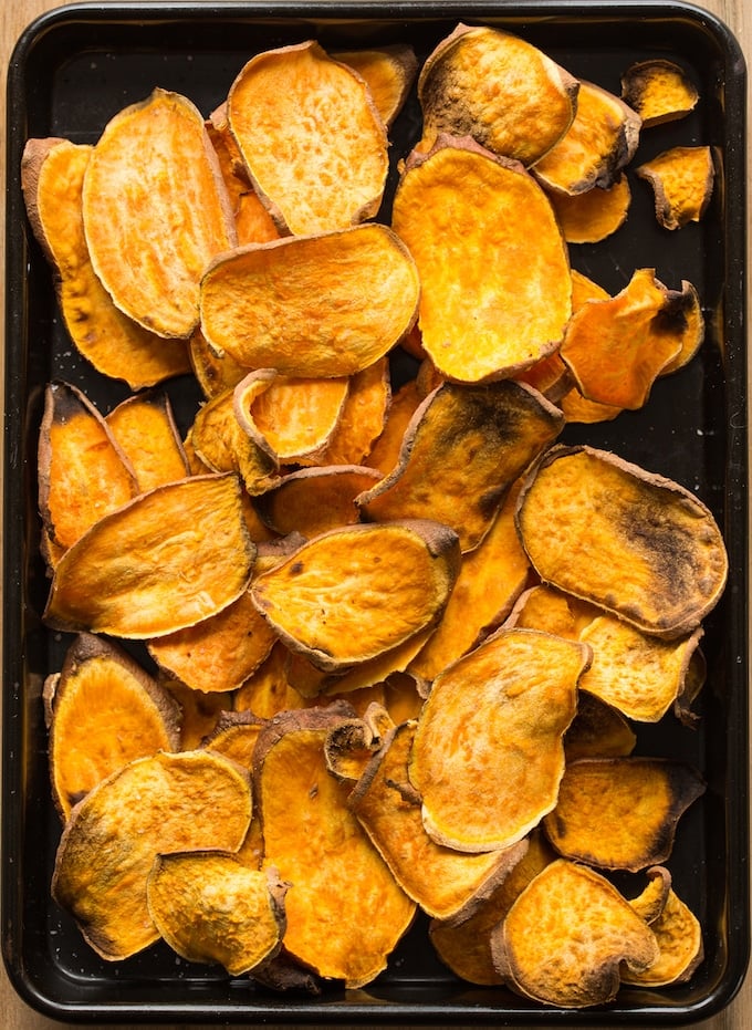 Sweet Potato Nachos on a baking sheet