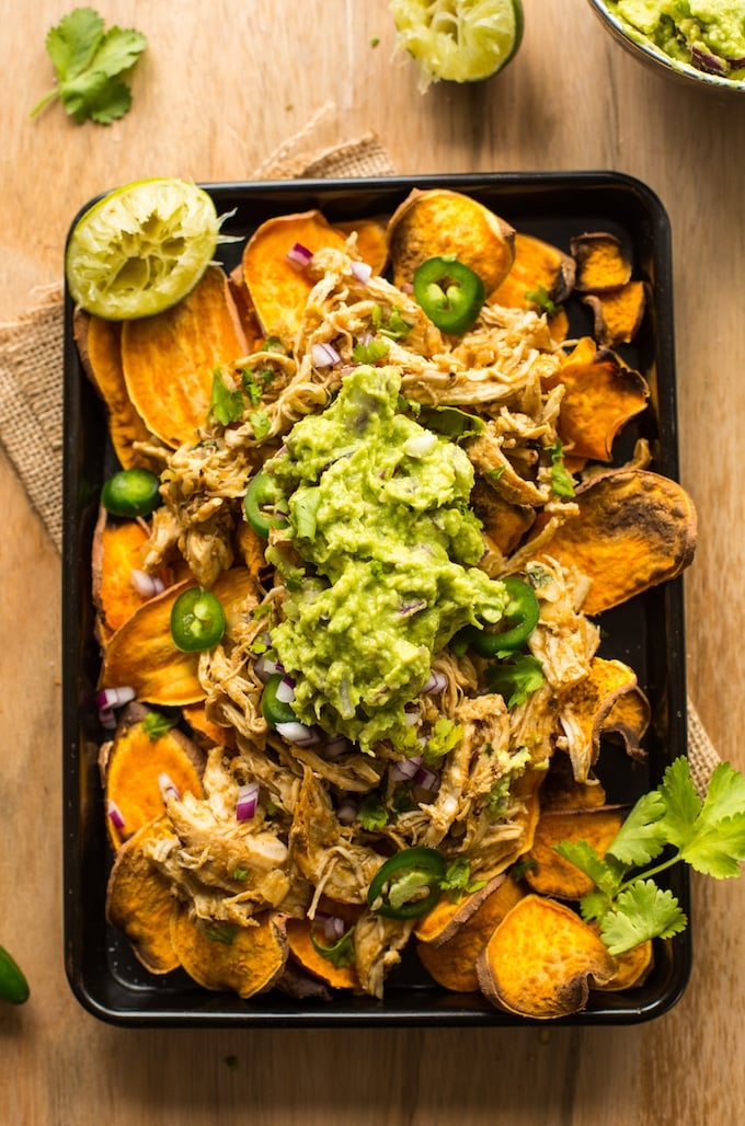 Sweet Potato Nachos with Chicken Carnitas topped with guacamole 
