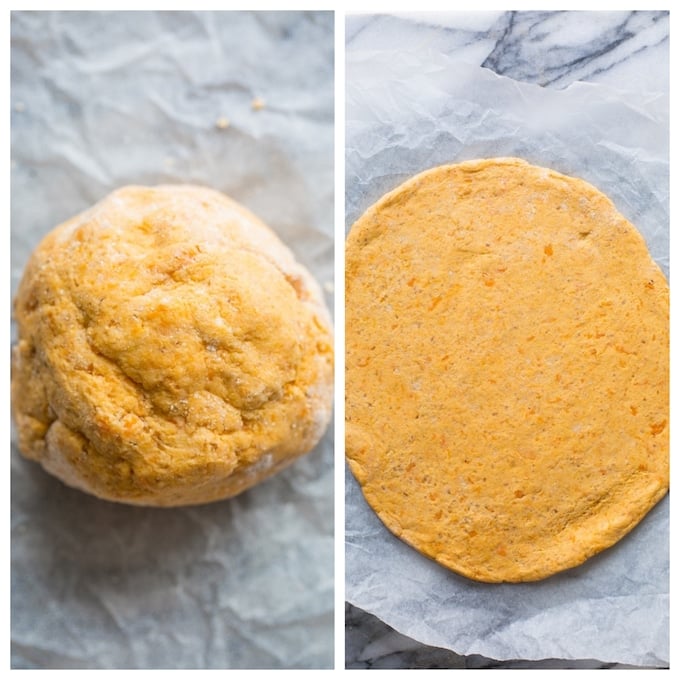 sweet potato pizza crust dough in two pictures: on left forming a ball and on right rolled out