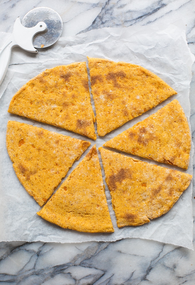 Sweet Potato Pizza Crust cut up into slices without toppings