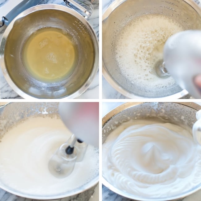 stages of aqaufaba from chickpea brine to fluffy stiff peaks