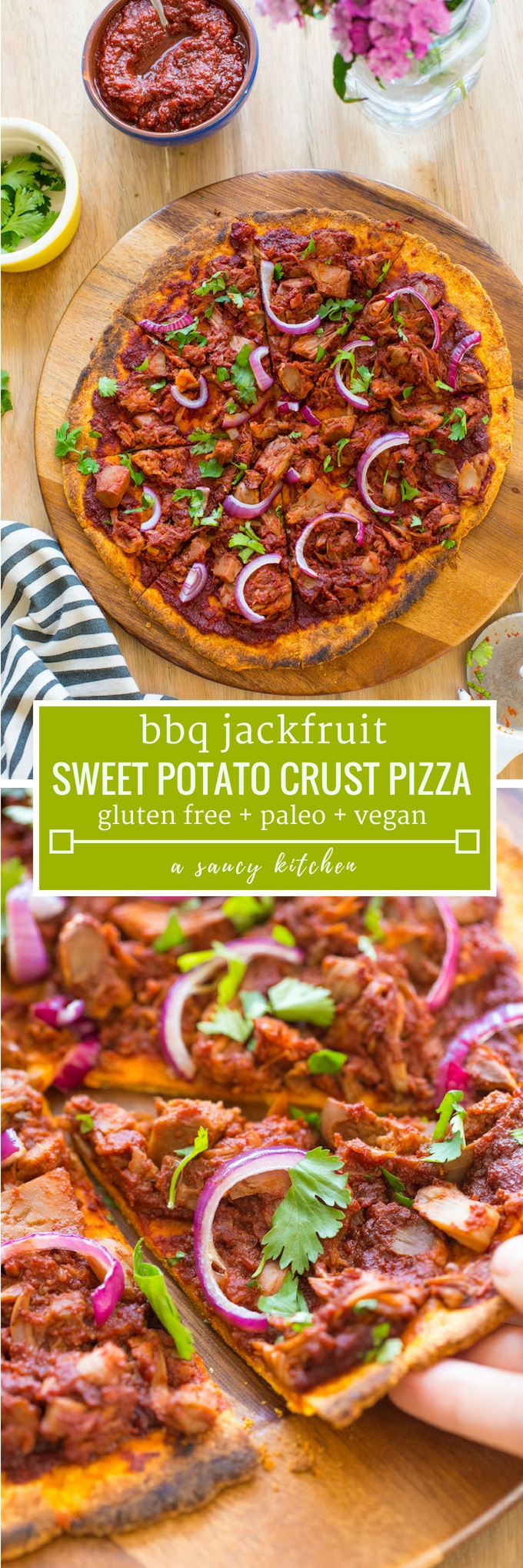 Jackfruit BBQ Pizza with a Sweet Potato Crust - Shredded jackfruit mixed in a homemade BBQ sauce along with sliced red onions and cilantro | #Paleo + #Vegan + #GlutenFree #BBQ #veganpizza #jackfruit