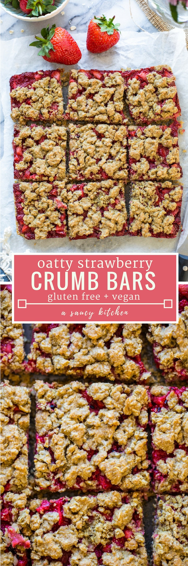 Simple, oatty Strawberry Crumb Bars spiced with a touch of cinnamon and sweetened with maple syrup to make it low FODMAp friendly | #GlutenFree + #Vegan + #NutFree #strawberrycrumble #crumbbars #summerrecipes #crumble