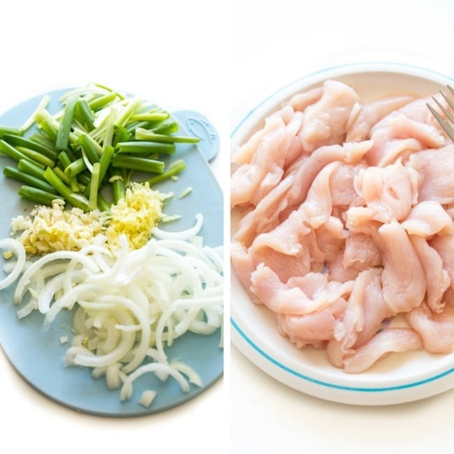 2 pictures: sliced onions, minced garlic and ginger and chopped spring onions on the left; raw sliced chicken breast on the right