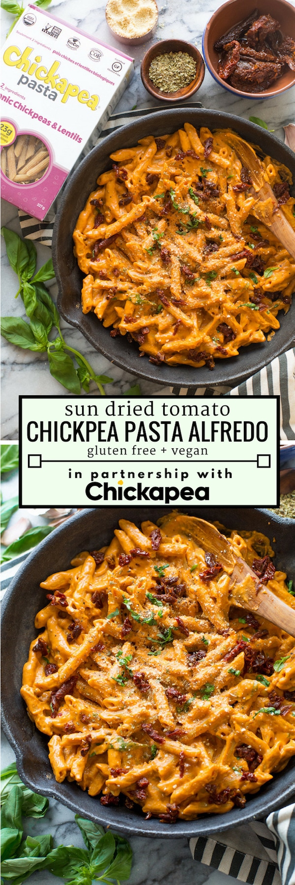 20 minute + 10 ingredient creamy Sun Dried Tomato Alfredo made with high fibre & protein packed @ChickapeaPasta and topped with fresh basil | #GlutenFree + #Vegan #ChooseChickapea #Ad #glutenfreepasta #chickpeapasta #lentilpasta