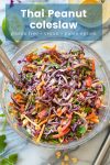 thai peanut coleslaw pinterest picture with title name and 'gluten free + vegan + paleo option"