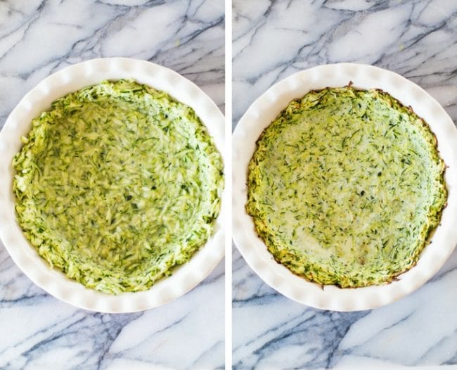 zucchini crust for the tomato spinach feta pie before and after cooking: uncooked on the left and cooked on the right.