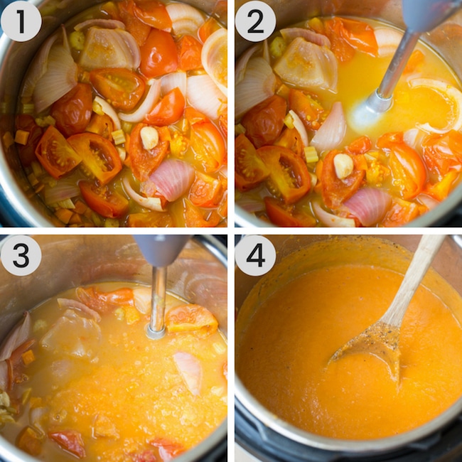 Collage of easy tomato soup showing the different stages of blending it into a puree