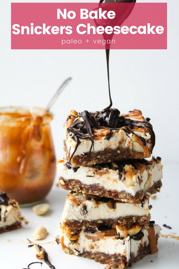 No Bake Snickers Cheesecake - a devilishly decadent dessert that's free of eggs, dairy, grains, and refined sugars. Make it paleo by swapping peanuts with almonds! #GlutenFree #Paleo #Vegan #HealthyCheesecake #snickers