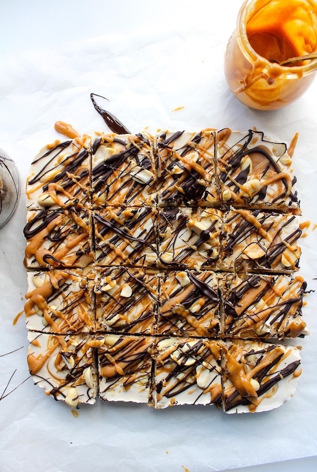 vegan snickers cheesecake cut into squares