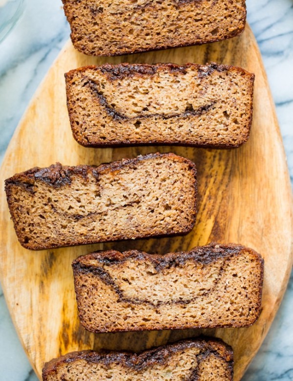 paleo banana bread slices showing off the cinnamon chocolate swirly inside