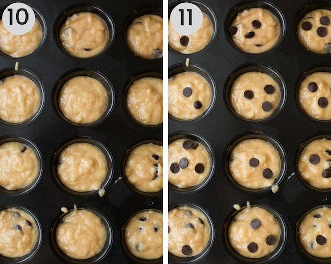 paleo banana muffins collage batter in muffin tin