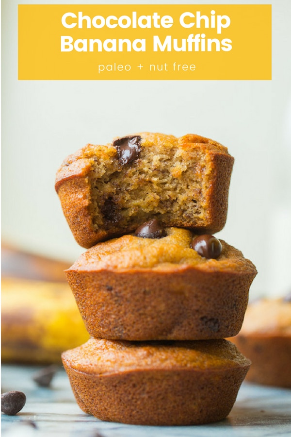 Use up your overly ripe bananas with these easy Chocolate Chip Paleo Banana Muffins - quick to whip up and only about 20 minutes to bake! | #NutFree + #DairyFree #BananaBread #BananaMuffins #HealthyRecipes #GlutenFree
