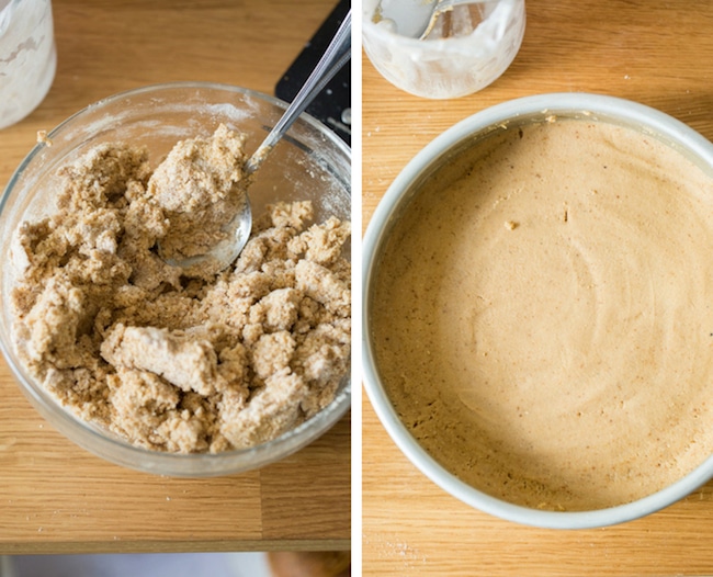 two pictures side by side: paleo cake dough mixed together in bowl on the left and cake dough pressed into a cake tin on the right