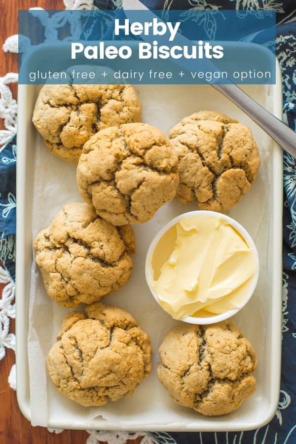 Easy, one bowl herbed Paleo Biscuits made with nut free flours and including egg free options! #GlutenFree + #DairyFree + #Vegan Option #DinnerRolls #PaleoBread #ThanksgivingSide #PaleoRecipes