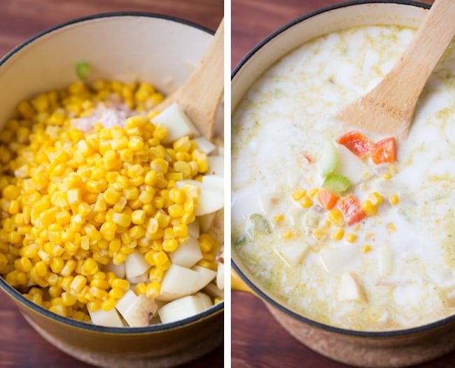 vegan corn chowder collage