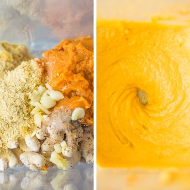 vegan pumpkin mac and cheese sauce collage