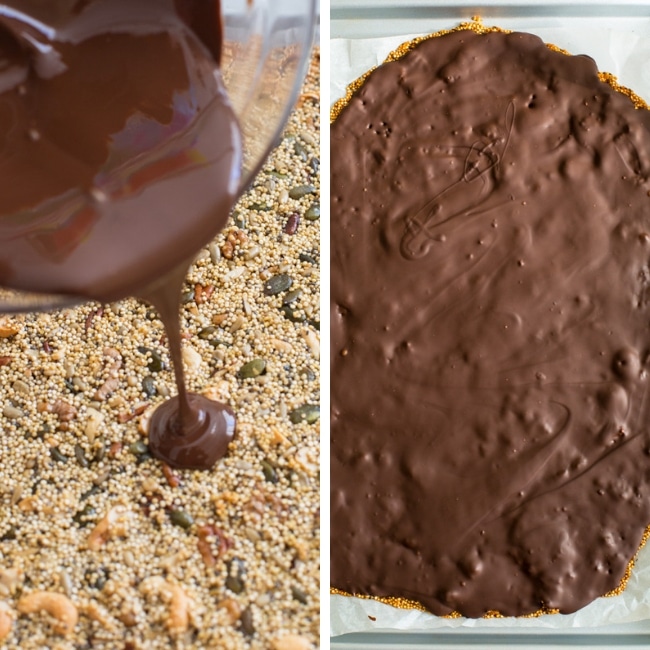 melted chocolate pouring over quinoa brittle