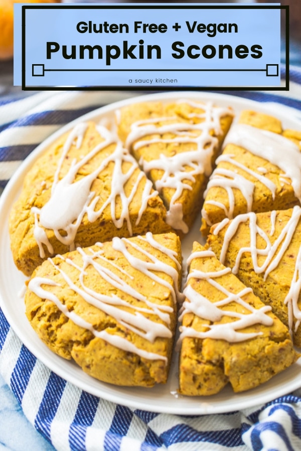 Get in the the fall spirit with these easy, one bowl Gluten Free Vegan Pumpkin Scones with a simple maple glaze. Enjoy with a cup of coffee on a cool autumn day! #GlutenFree #Vegan #Pumpkin #scones #fallrecipes #pumpkinrecipes