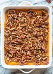 Paleo Vegan Sweet Potato Casserole in a 9x13 inch baking dish
