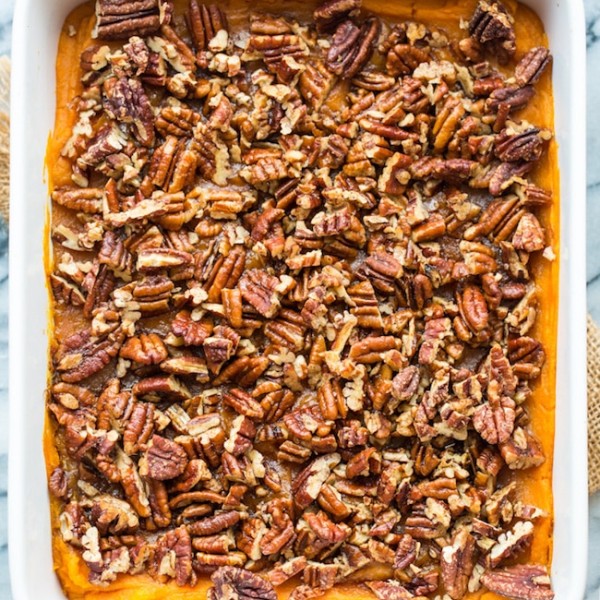 Paleo Vegan Sweet Potato Casserole in a 9x13 inch baking dish