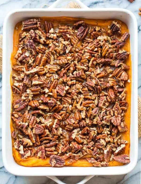 Paleo Vegan Sweet Potato Casserole in a 9x13 inch baking dish