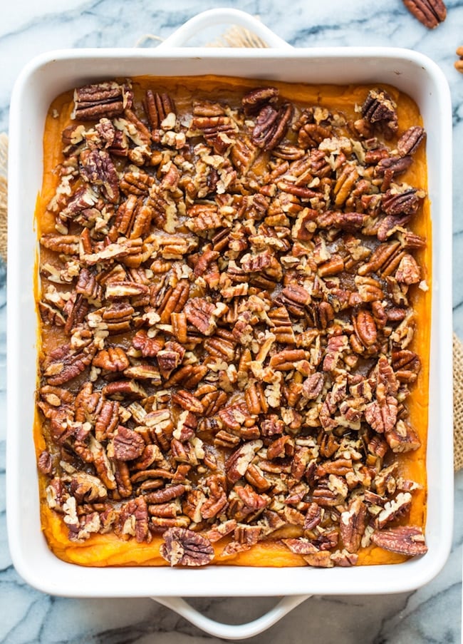 Paleo Sweet Potato Casserole in a 9x13 inch baking dish