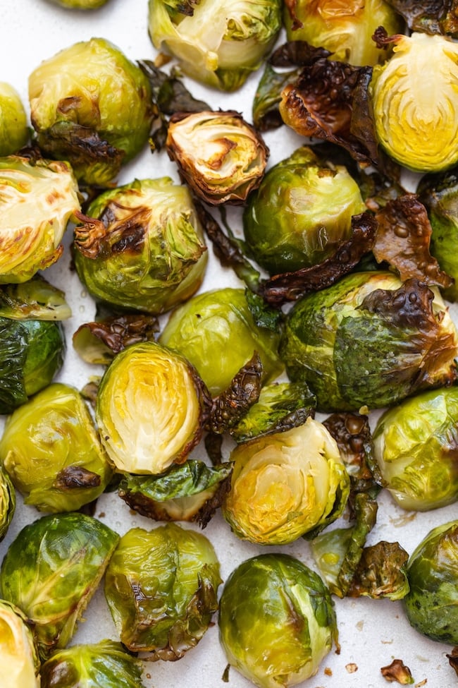 Roasted Teriyaki Brussels Sprouts on a baking sheet