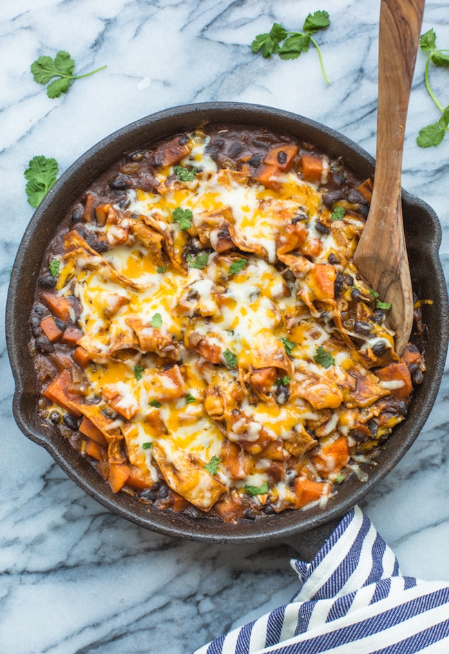 Sweet Potato & Black Bean Enchilada Skillet in a skillet topped with cilantro