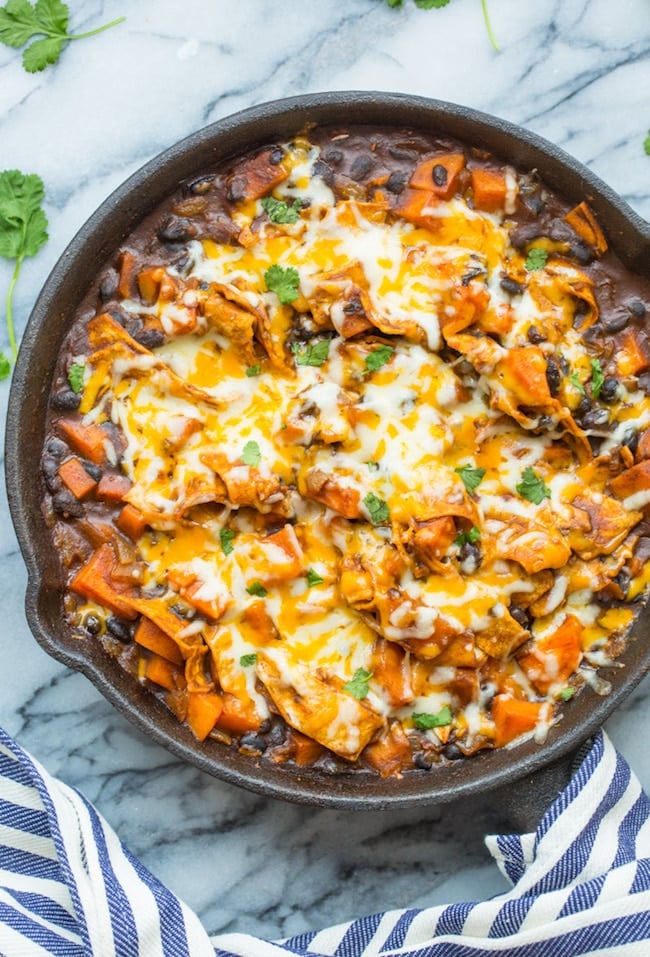 Sweet Potato & Black Bean Enchilada Skillet up close in a skillet