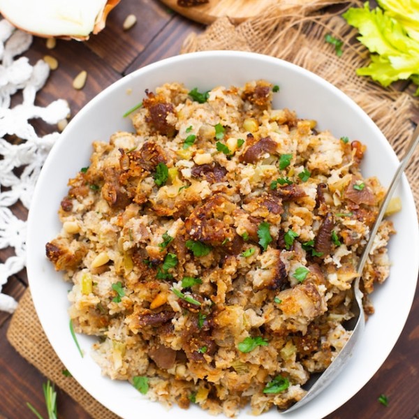 fig & sausage cauliflower rice stuffing in a serving bowl